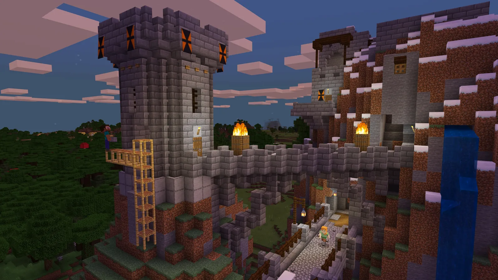 Steve y Alex construyen un castillo en Minecraft